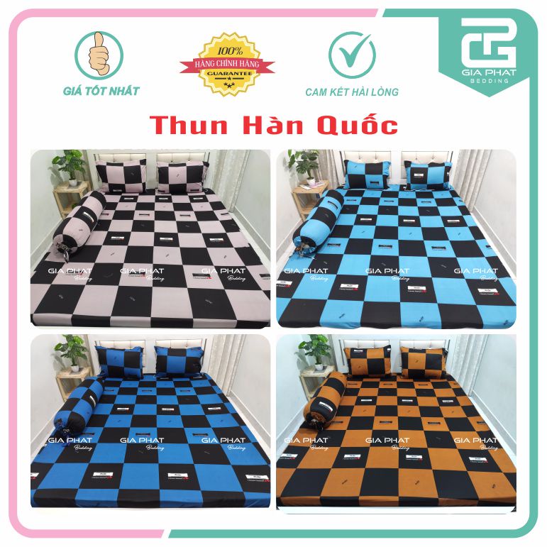 Bộ Ga Gối Thun Lạnh Hàn Quốc { 4 Món } họa tiết Ô Vuông ( 1 ga bọc + 2 vỏ gối nằm + 1 vỏ gối ôm )