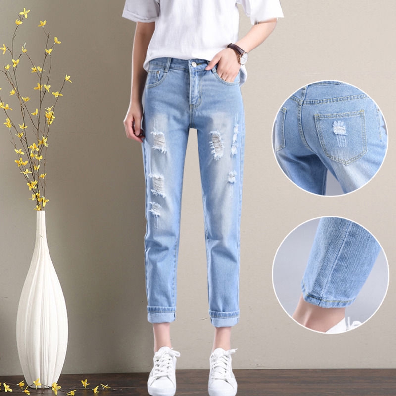 Quần denim form rộng cạp cao phối rách dài trên mắt cá chân thời trang Hàn Quốc đơn giản