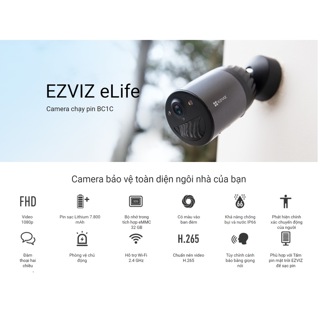 [MUA 2 TẶNG 1 QUÀ EZVIZ] Camera EZVIZ BC1C kèm pin năng lượng mặt trời, không dây trong nhà &amp; ngoài trời