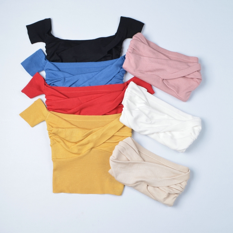 Áo croptop trễ vai màu trơn dệt kim xếp nếp chất co giãn phong cách thường ngày mùa hè gợi cảm cho nữ