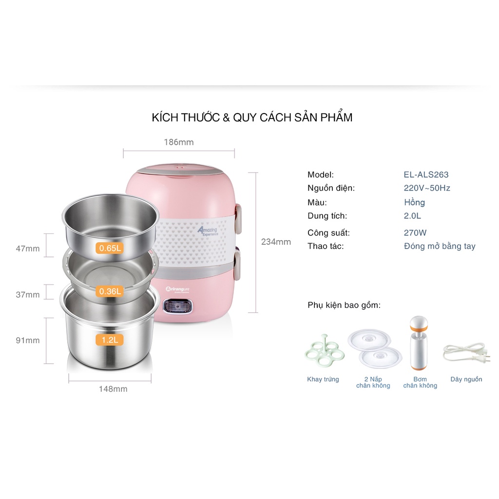 Hộp cơm cắm điện - Hộp hâm nóng cơm  2 tầng ArirangLife EL-ALS263, nấu chín và hâm nóng đồ ắn,bảo hành chính hãng 1 năm