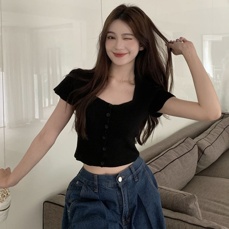 Áo Len Tay Ngắn Cổ Vuông Màu Sắc Ngọt Ngào Thời Trang Mùa Hè Cho Nữ