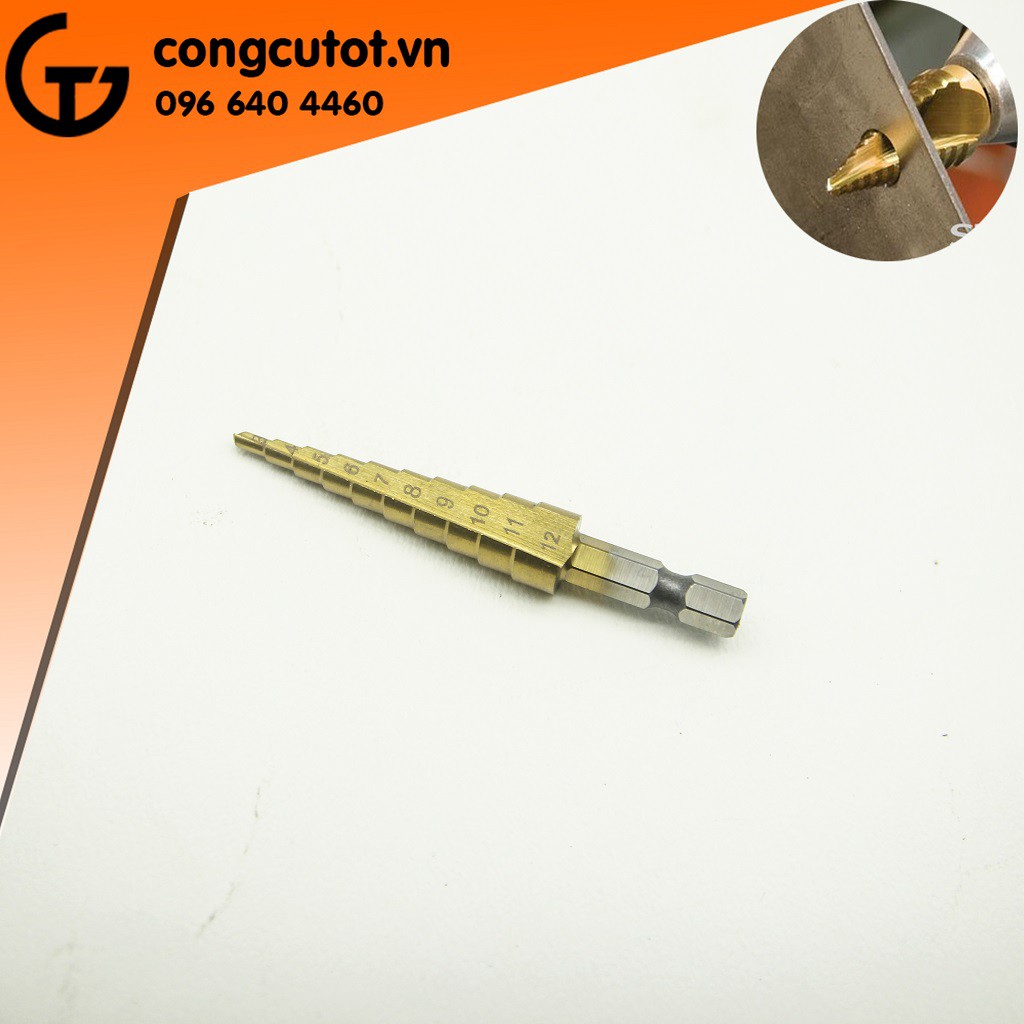 MŨI KHOAN BƯỚC THẲNG PHỦ TITAN CHUÔI LỤC 3-12MM