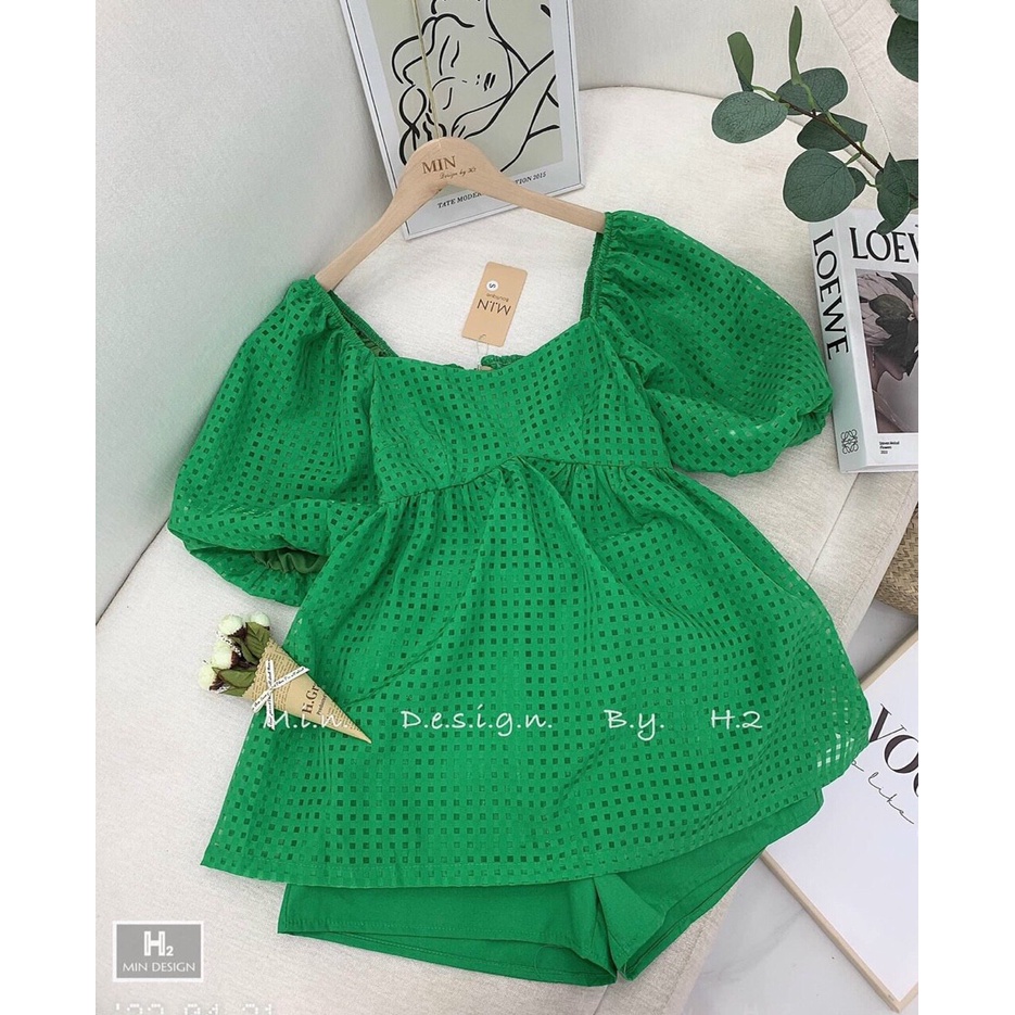 Set bộ đùi babydoll lưới tay phồng,bộ lụa cổ vuông óng ánh dáng xòe, quần short phồng bánh bèo