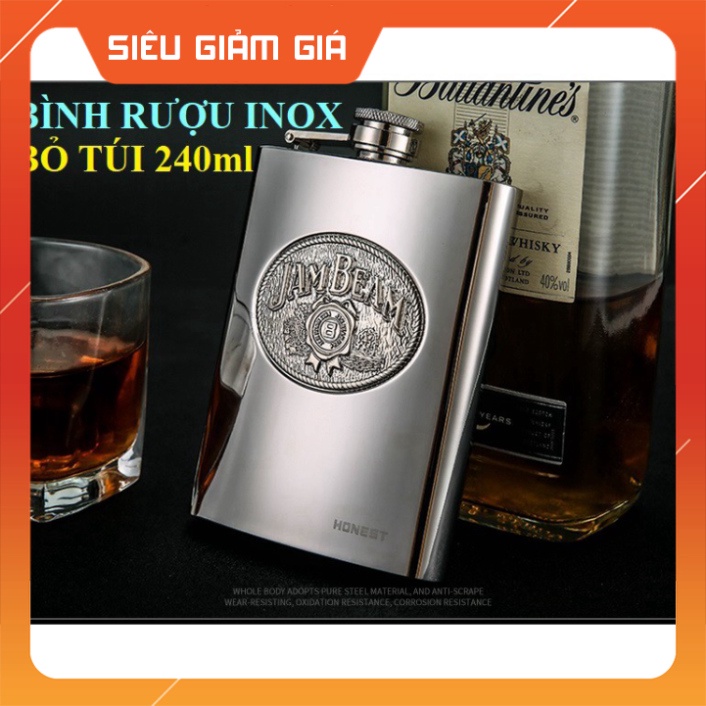 Bình đựng rượu inox cao cấp Honest 8oz, logo Jam Bean (240ml) Uy Tín Chất Lượng