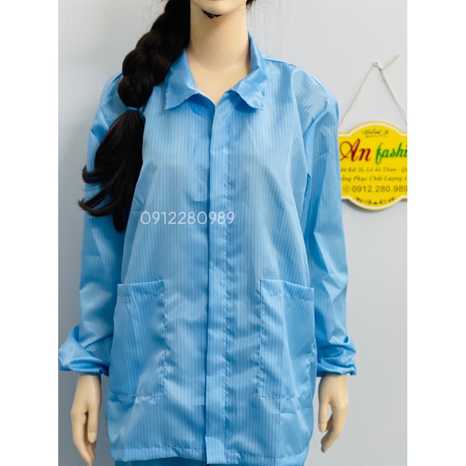 [Áo+Quần+Nón] Đồng phục phòng sạch màu xanh vải chống tĩnh điện tay dài cổ bẻ dây kéo _ Hình chụp thật