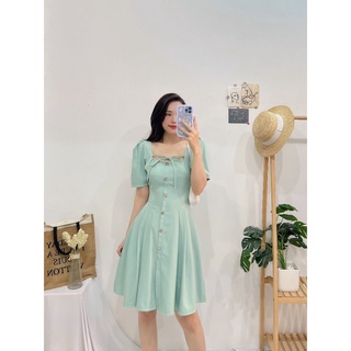 ĐẦM VÁY CỔ NƠ CHÉO NÚT GỖ - Hình Shop Chụp