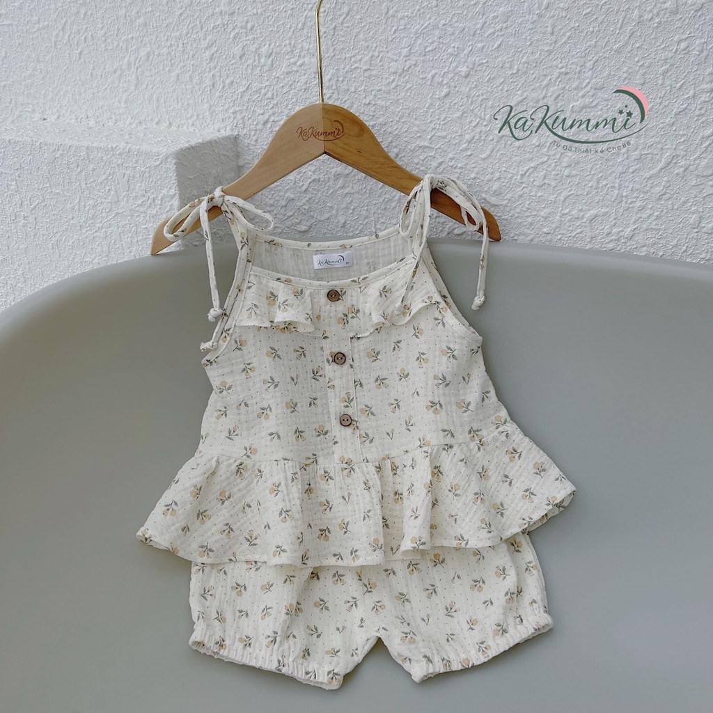 Set áo 2 dây bèo thân trước KM22-ST203 chất xô muslin cho bé gái