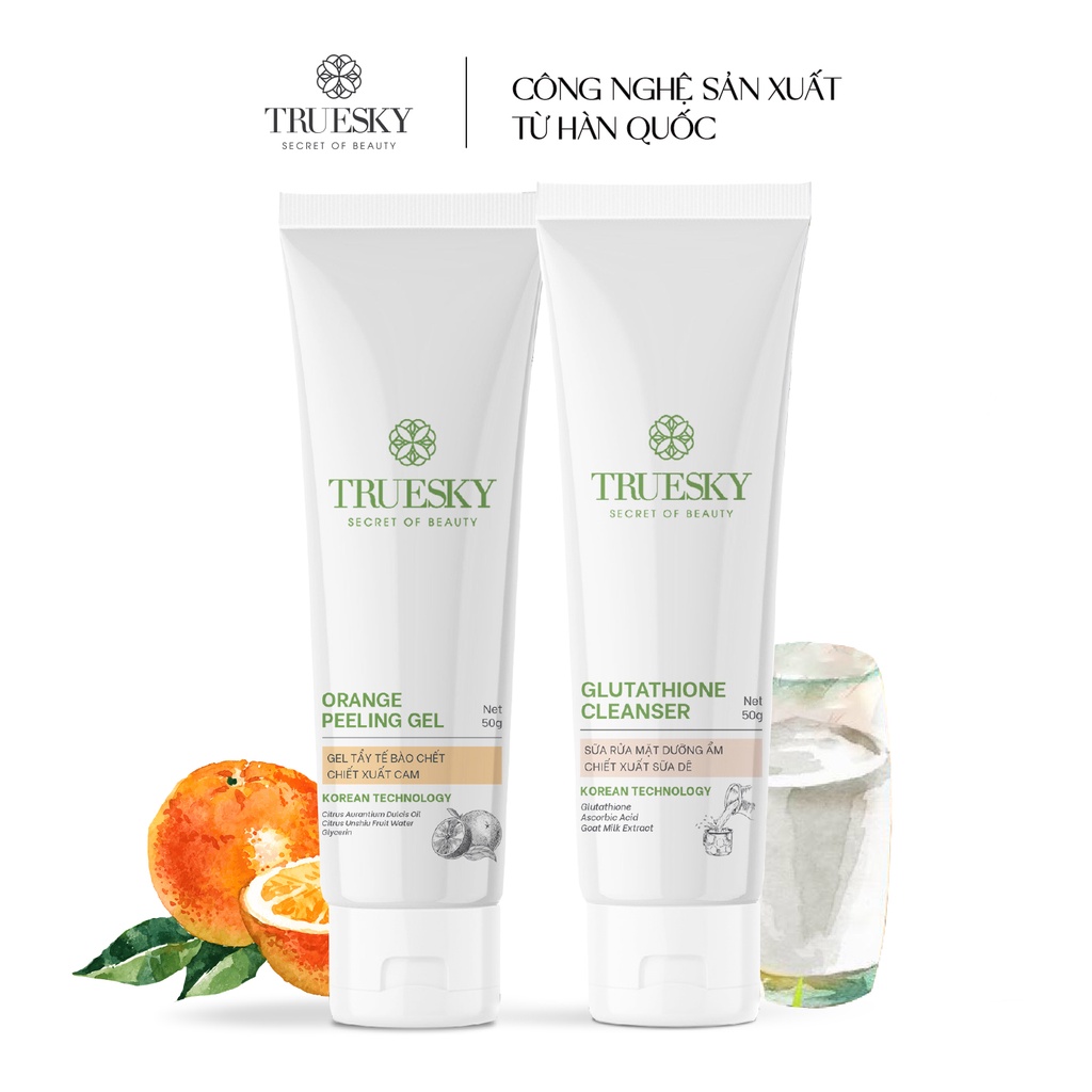 Combo làm sạch và dưỡng trắng da mặt Truesky gồm 1 tẩy tế bào chết dạng gel 50g +1 sữa rửa mặt trắng da 50g