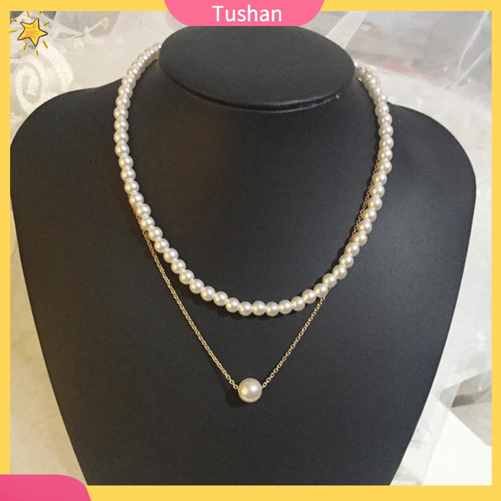 TUSH Women Girl Double Layer Faux Pearl Pendant Clavicle Chain Necklace Party Jewelry
