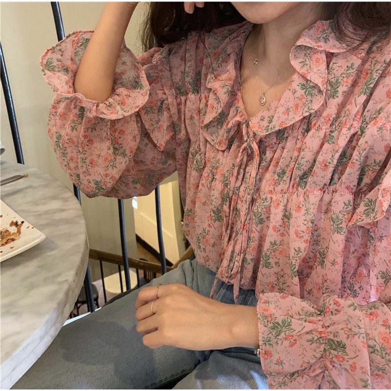 Áo Sơ Mi Nữ Tay Dài Hoa Nhí Thắt Nơ Ulzzang