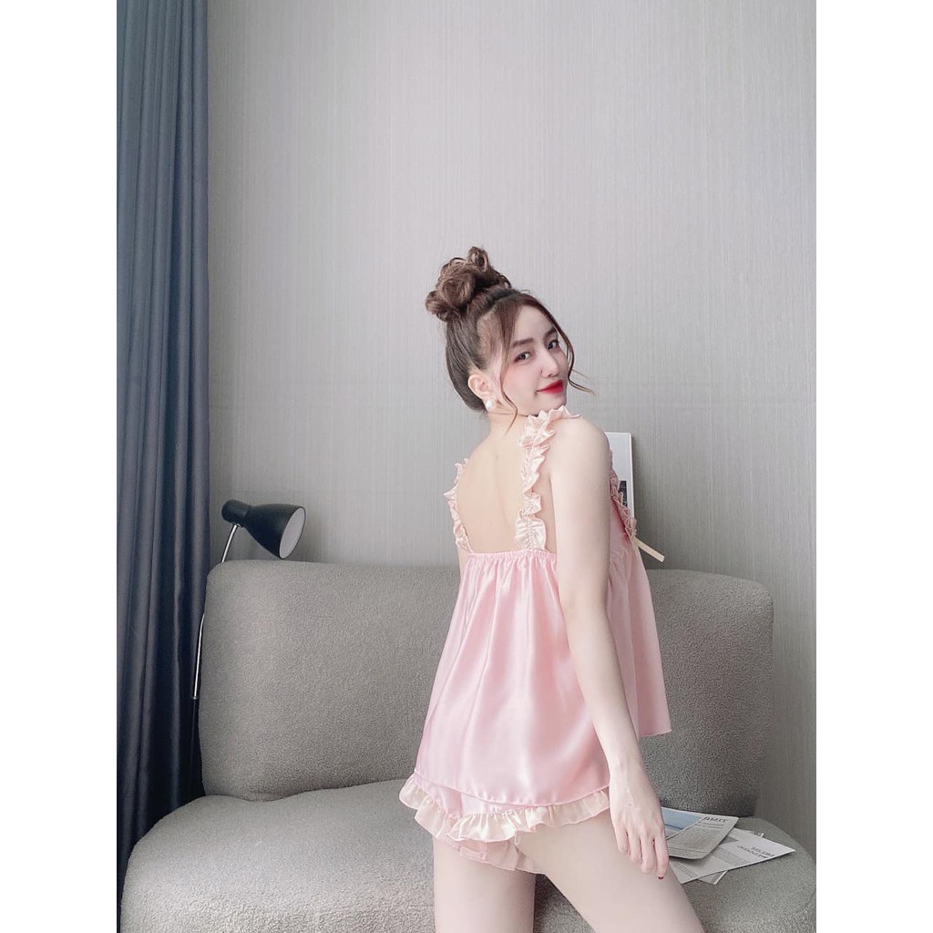 Đồ Ngủ Sexy - Đồ Bộ 2 Dây Nhún, Quần Viền Bèo Chất Lụa Satin Mát Mềm Mại Gợi Cảm [DN29]