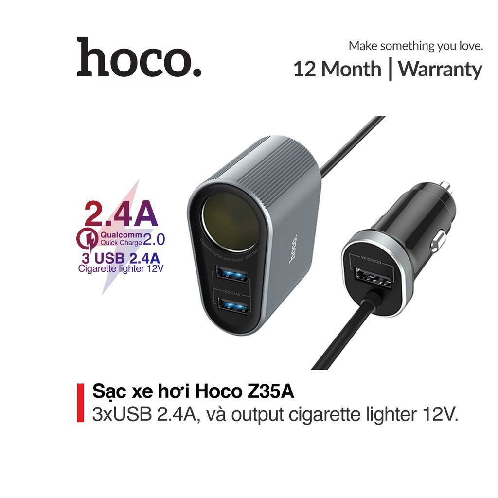 Tẩu sạc điện thoại xe hơi 2.4A Hoco Z35A vật liệu PC chống cháy tích hợp đèn Led và 3 đầu ra Usb