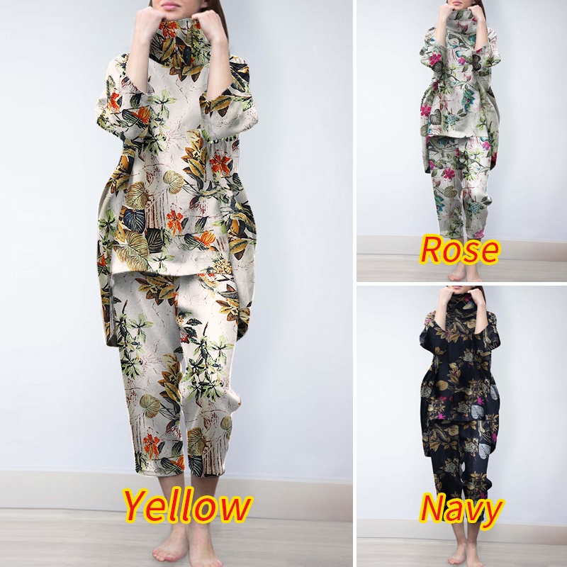 Bộ đồ ZANZEA gồm áo cổ lọ họa tiết hoa và quần ống rộng lưng thun thời trang Châu Âu dành cho bạn nữ
