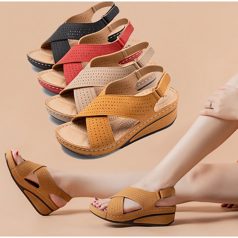 Giày sandal đế xuồng bằng da PU phong cách cổ điển thoải mái cho nữ