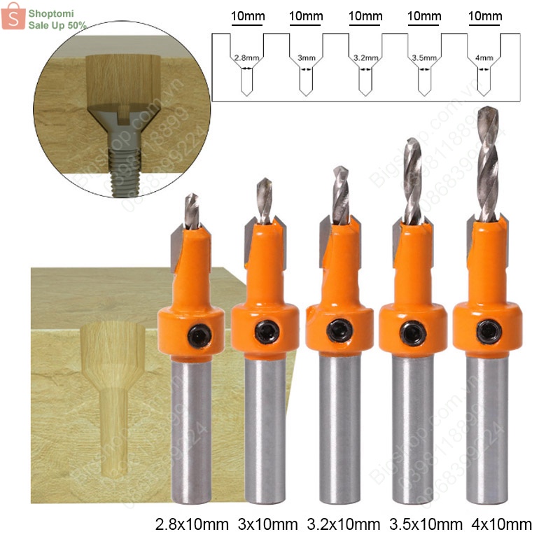 Mũi khoan gỗ, nhôm bắt âm đầu mũ vít nhiều kích cỡ, cốt D8mm-đầu âm mũ vít D10mm, nhiều kích cỡ