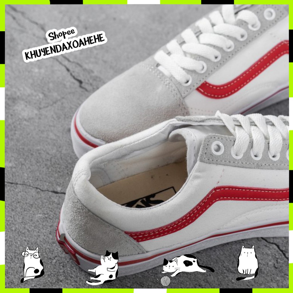Giày V Old Skool trắng vạch đỏ, mũi da lộn xám