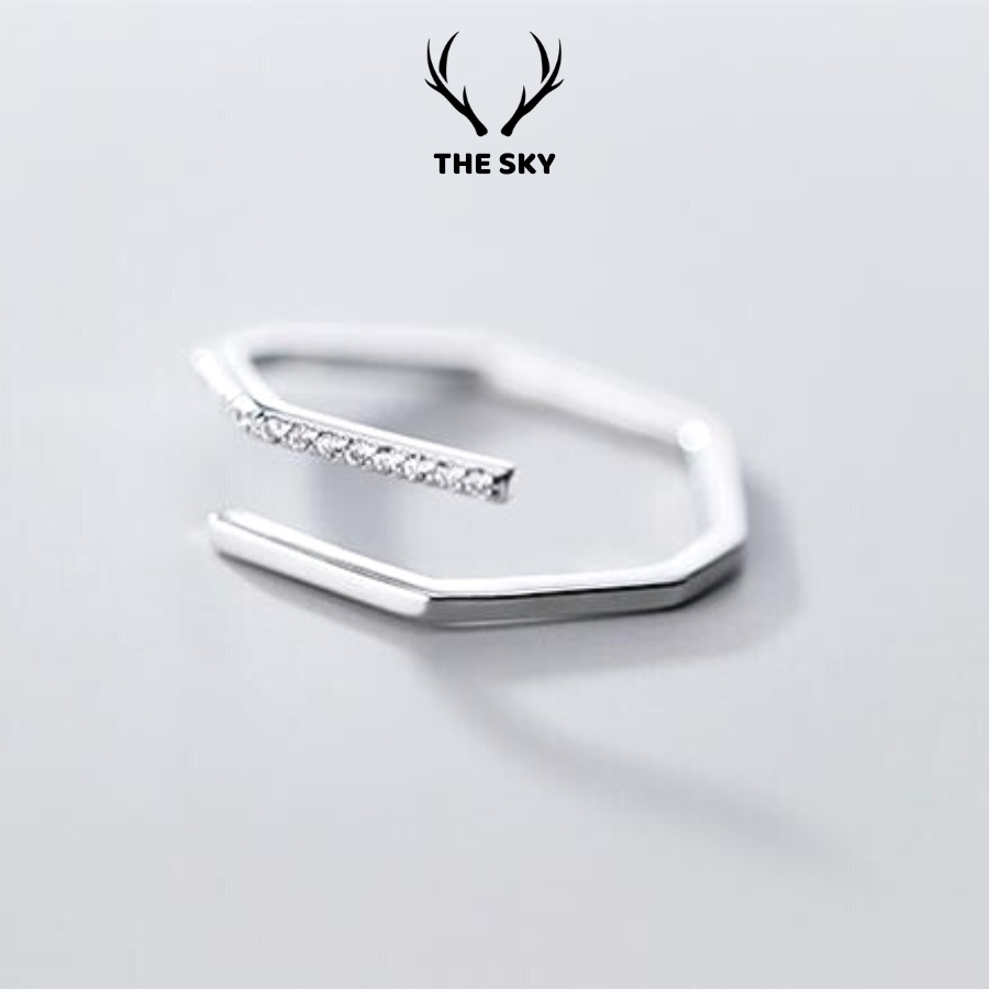 Nhẫn Bạc Nữ THE SKY NB06 Hình Lục Giác Mặt Đính Một Hàng Đá Sáng Lấp Lánh