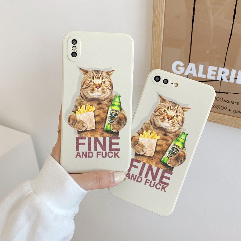 Ốp lưng iphone cạnh vuông mèo ôm bia dành cho ip 12promax xsmax 11 promax 7plus 8plus 6 plus x xr xs - E58