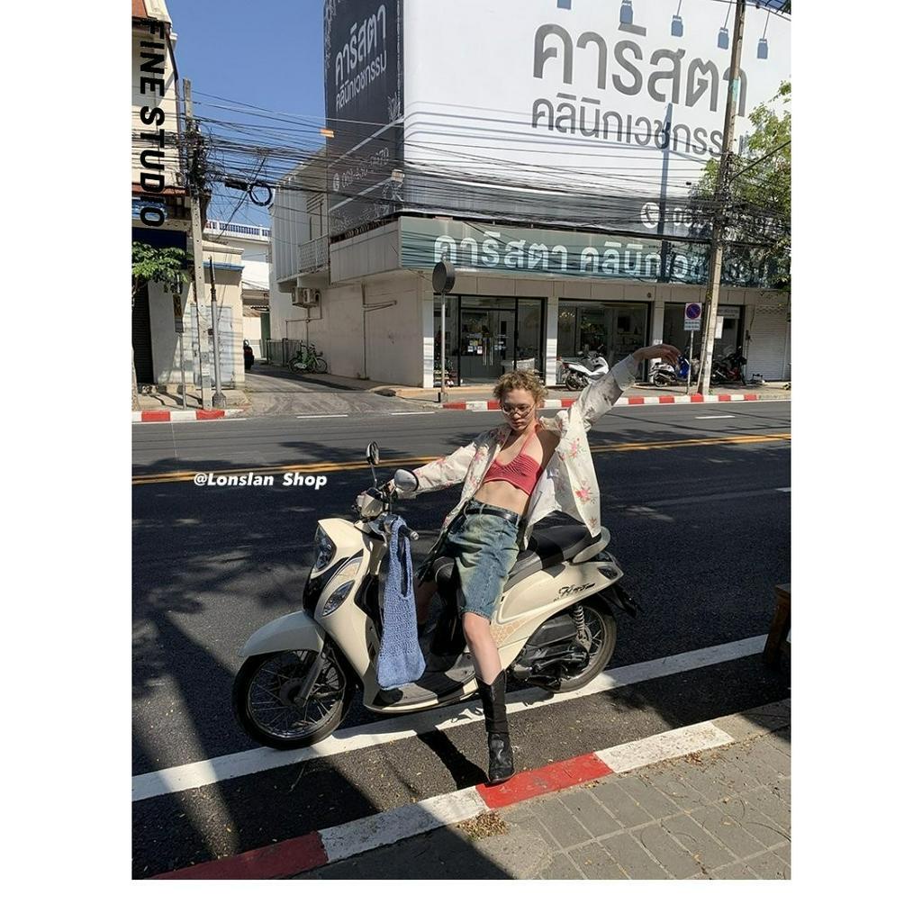 Fine Studio Quần Short Jean Lưng Cao Ống Rộng Dáng Suông Màu Gradient Mùa Hè Cho Nữ