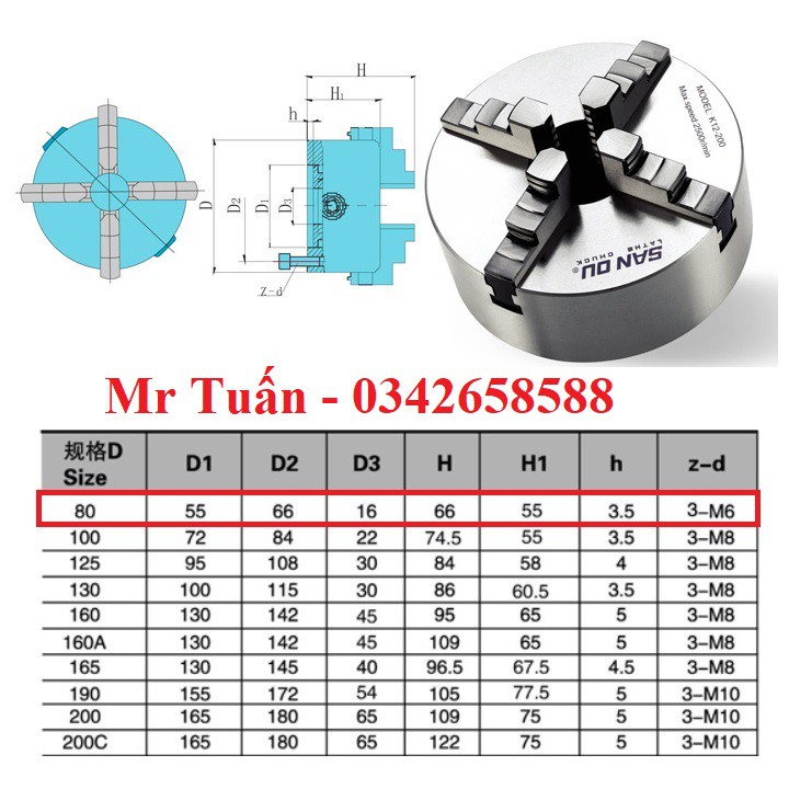 Mâm cặp 4 chấu K12-80G đường kính 80mm