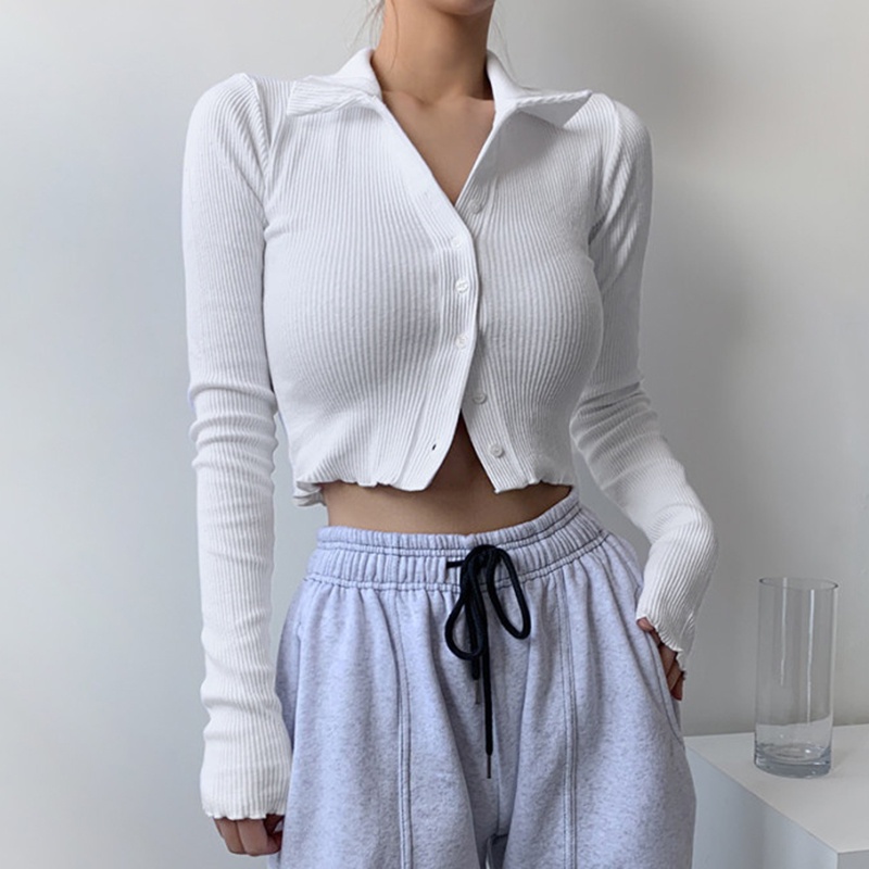 ๑☾H trang chủ Âu Mỹ phong cách Harajuku ve áo đan nút lỗ áo khoác cardigan nữ màu trắng đơn giản hoang dã đẹp