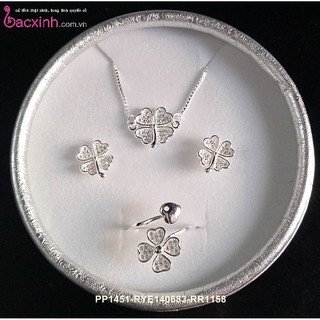 Combo dây chuyền, bông tai và nhẫn bạc Ý 925 Bạc Xinh Huệ Ngân- Cỏ bốn lá may mắn PP1451-RYE140863-RR1158