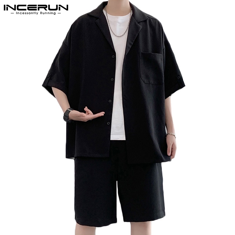 Set Áo Sơ Mi Tay Ngắn Màu Trơn Phối Quần Short Co Giãn Thời Trang Trẻ Trung Cho Nam