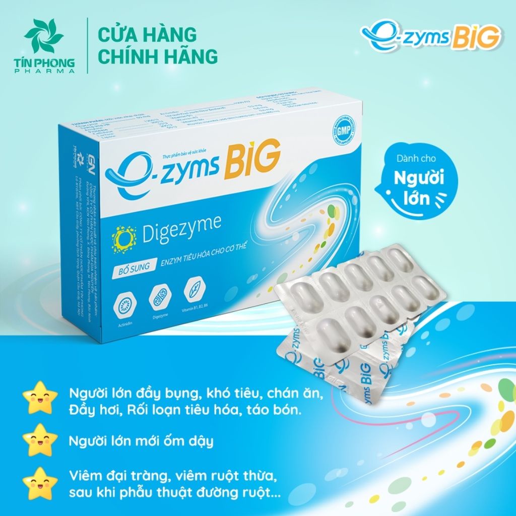 Men Tiêu Hóa E-zyms Big Cho Người Lớn Giảm Đầy Hơi Khó Tiêu, Kích Thích Ăn Ngon, Tiêu Hóa Khỏe Hộp 20 Gói TTP029