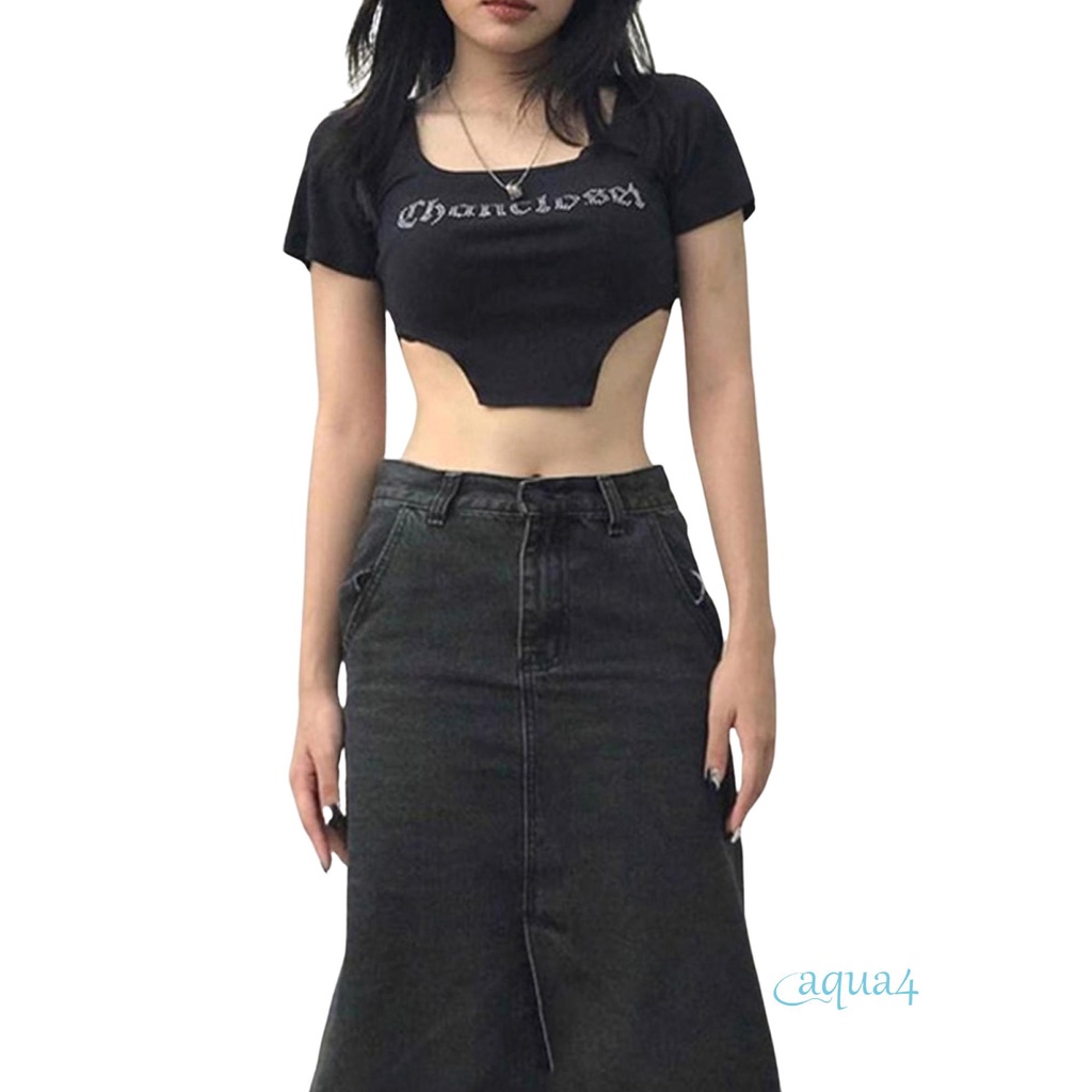 Áo croptop cổ vuông in chữ đính đá thời trang cho nữ