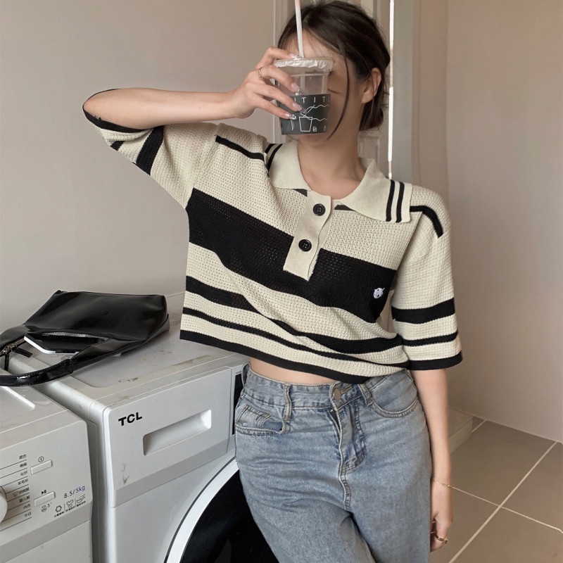 Áo Thun Polo Dệt Kim Tay Ngắn Dáng Rộng Kẻ Sọc Ngang Trẻ Trung Hợp Thời Trang