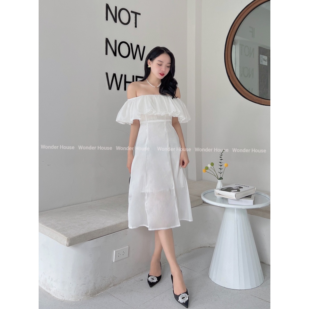 Đầm thiết kế Wonderhouse trễ vai bèo form xẻ tà chất lụa ánh sang chảnh dự tiệc, dạo phố - Mely Dress