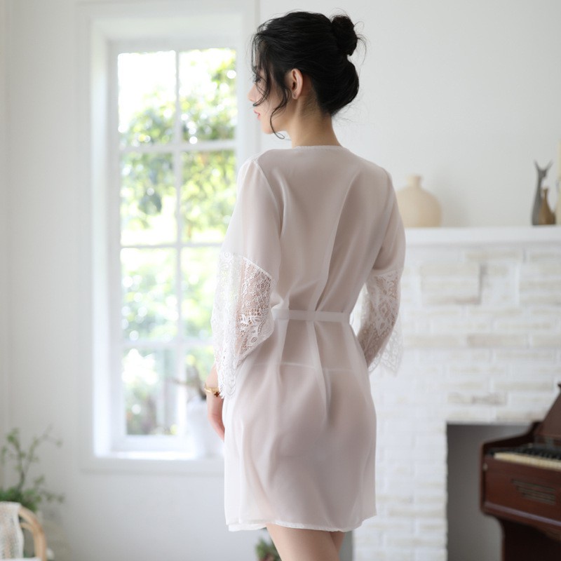 Áo choàng ngủ sexy - kimono xuyên thấu 5224 Màu Trắng tinh khôi tay dài ren hoa quyến rũ gợi cảm