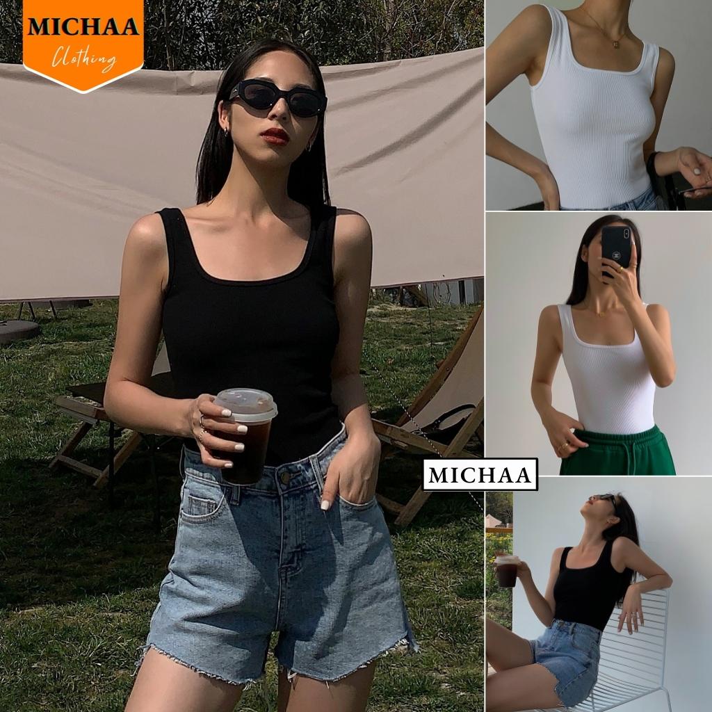 Áo Thun HAI DÂY SÁT NÁCH CỔ VUÔNG Dáng Dài Nữ Trơn Ôm Body Chất Tốt, Áo Kiểu nữ ôm thun gân mềm mát MICHAA
