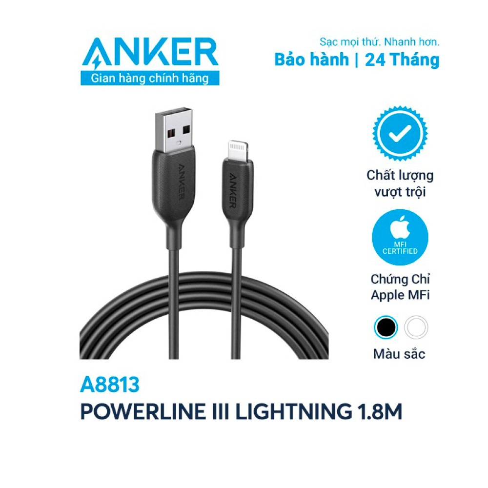 Cáp sạc thế hệ 3 ANKER PowerLine III Lightning dài 1.8m cho iPhone iPad - A8813