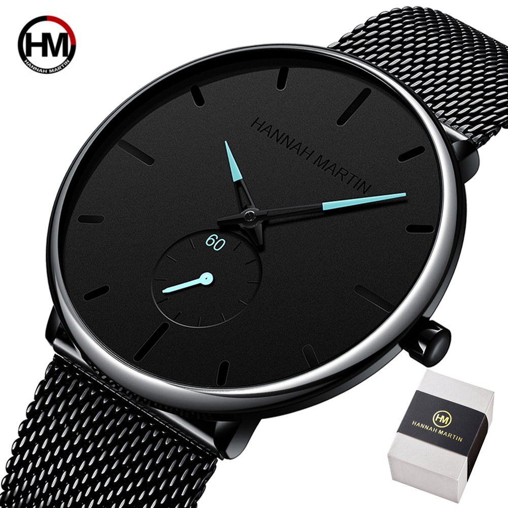 100% Original HANNAH MARTIN Men Watch Stainless Steel Mesh Strap Simple Casual Luxury Waterproof Analog Quartz Watch