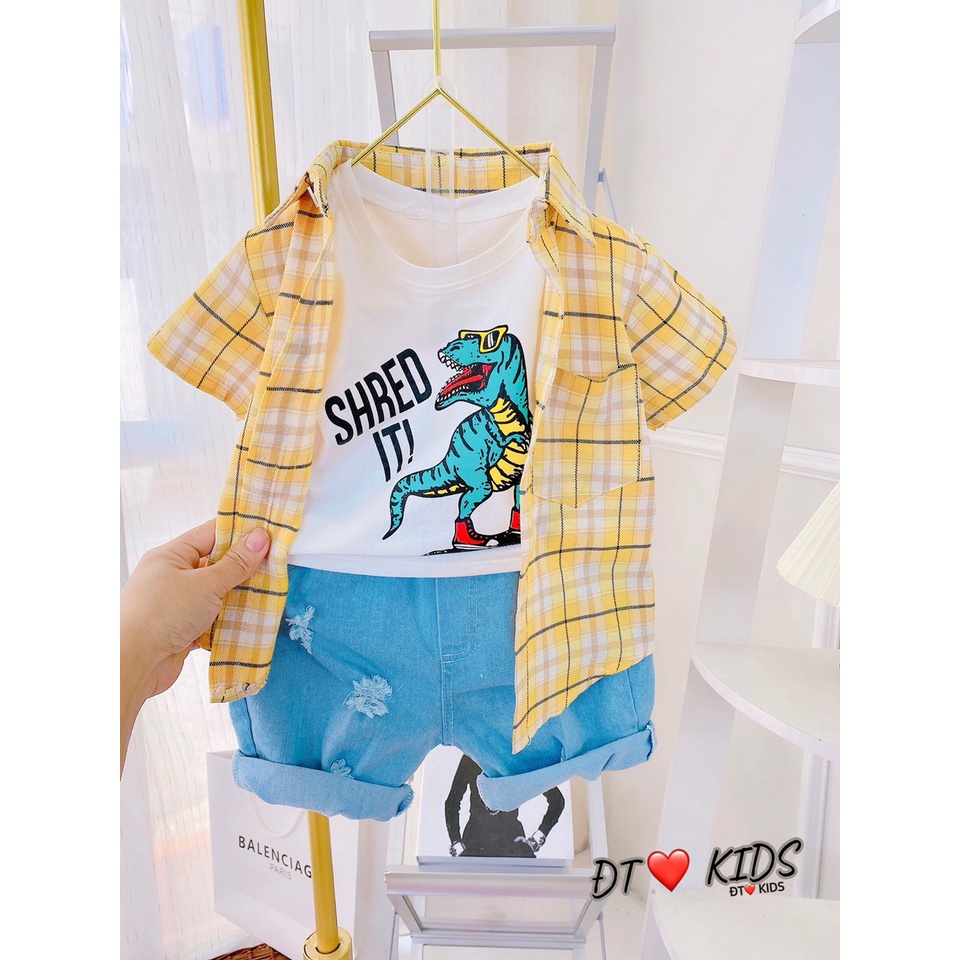 BOT24 - Bộ bé trai, bộ 3 chi tiết, Quần đùi Jean + áo thun cotton + áo sơ mi cộc tay bé trai từ 8-21kg