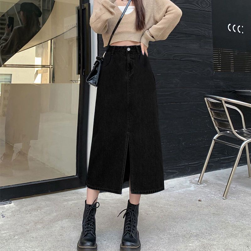 Chân váy jean Dài Dáng Chữ A Lưng Cao Màu Đen Xẻ Tà Thời Trang Mùa Thu Cho Nữ