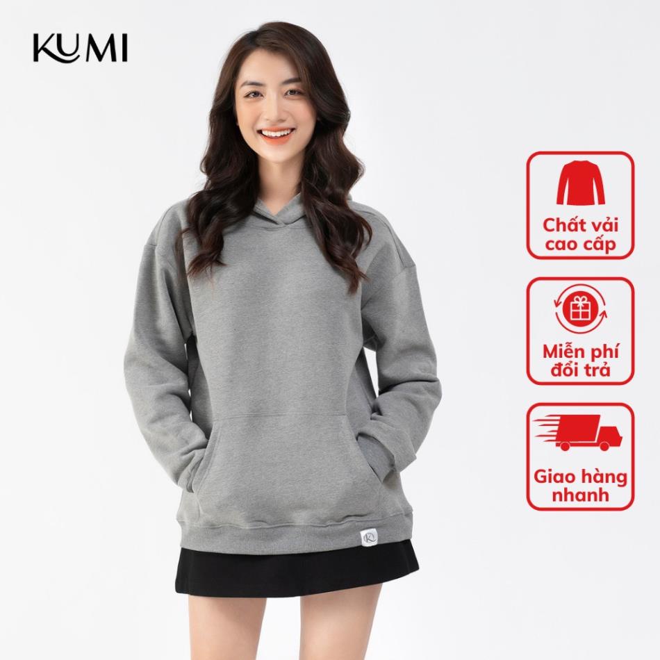 Áo Hoodie Nữ Dài Tay Có Mũ Chất Nỉ Bông Cao Cấp Kumi, Áo Nỉ Nữ Basic Có Mũ Thời Trang Trẻ Trung Năng Động - Ghi