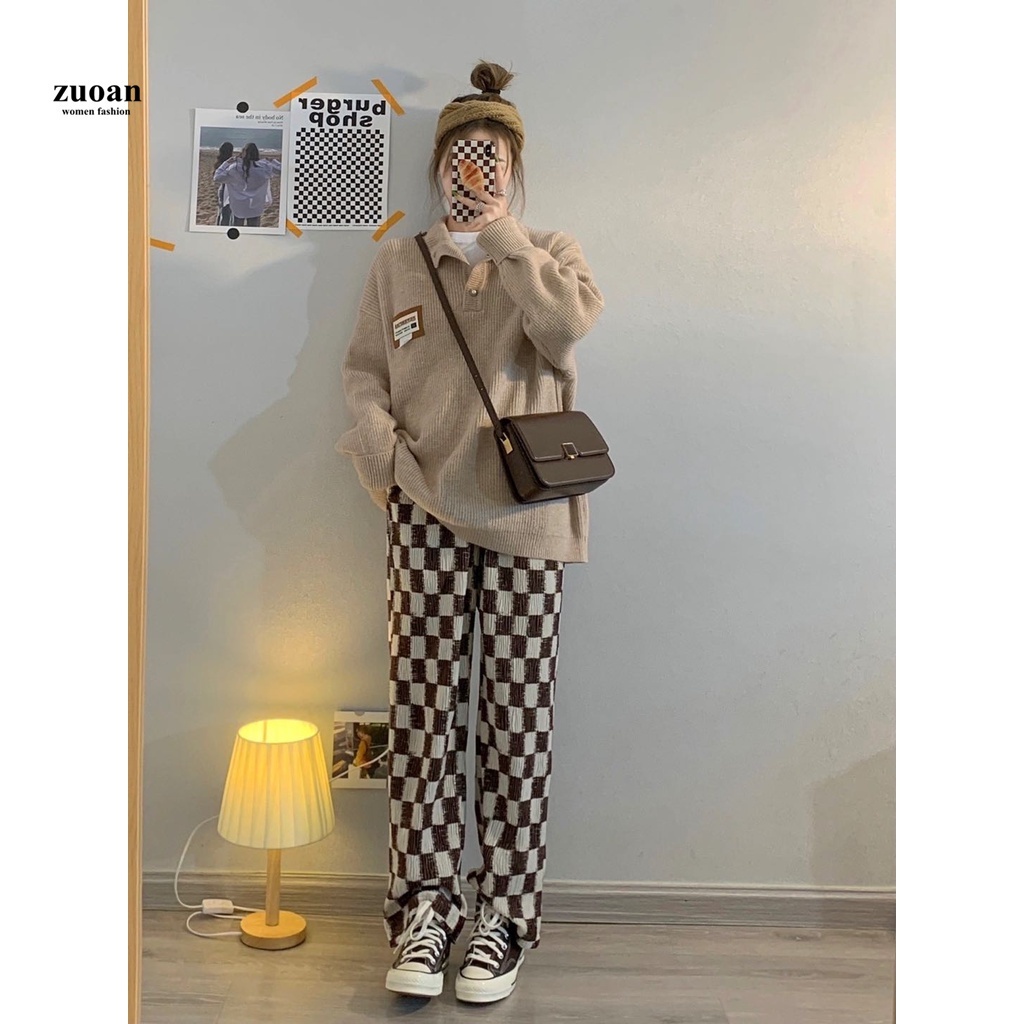 SUXI Quần dài ống rộng họa tiết caro thời trang phong cách Hàn Quốc cho nữ