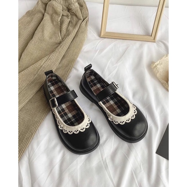 Giày búp bê có quai viền ren lót caro vintage Mary Jane Yannie Lolita