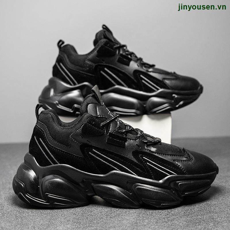 Giày Thể Thao Da Đế Dày Tăng Chiều Cao Màu Đen Phong Cách Hong Kong Cho Nam