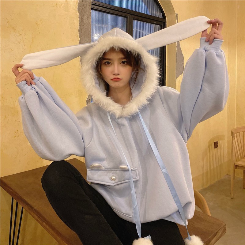 #O41 Áo khoác nỉ dày mũ lông tai thỏ cực ấm có túi 1 bên cực xinh cute