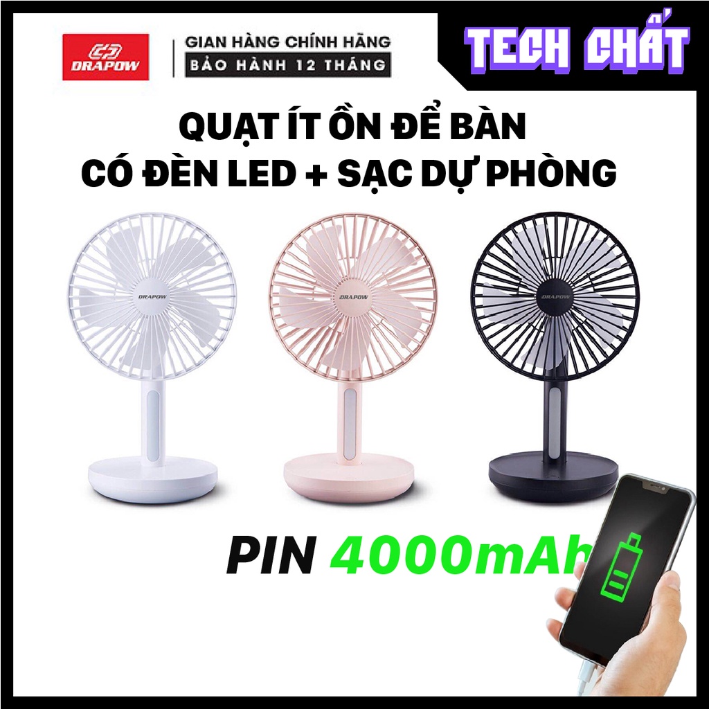 Quạt ít ồn để bàn tích hợp PIN SẠC DỰ PHÒNG có đèn LED mini nhỏ gọn CHÍNH HÃNG Drapow DF01 cho dân văn phòng phượt