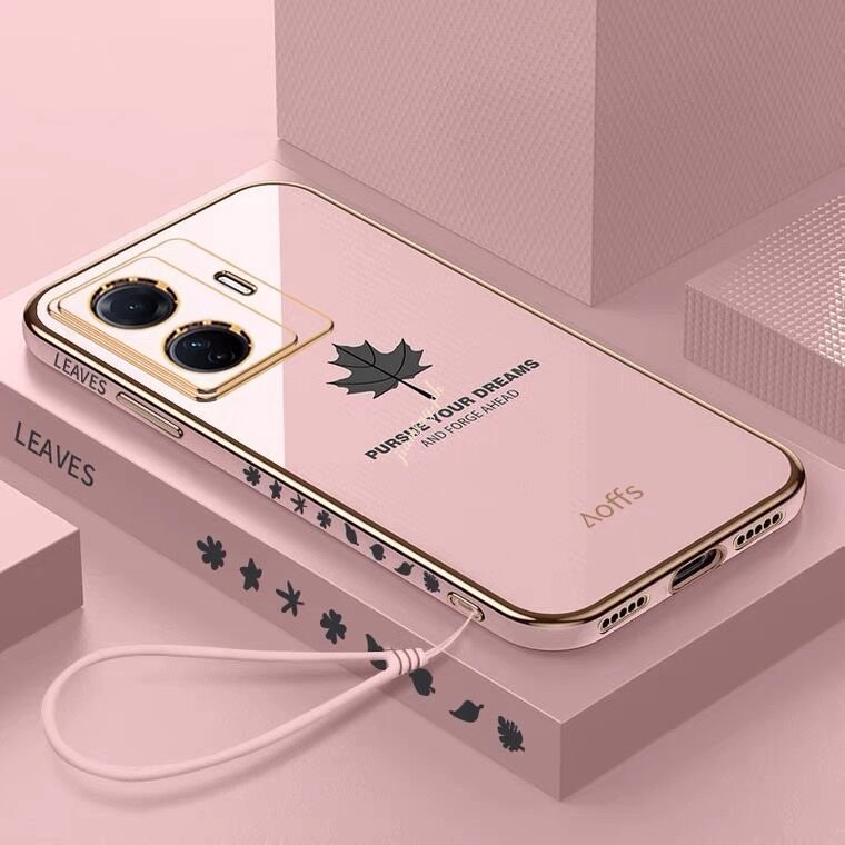 Ốp Điện Thoại Silicon Vuông Mạ Màu Họa Tiết Lá Phong 6D Bảo Vệ Camera Cho VIVO Y02S Y16 Y35 Y20i Y20 Y15A Y15S Y01