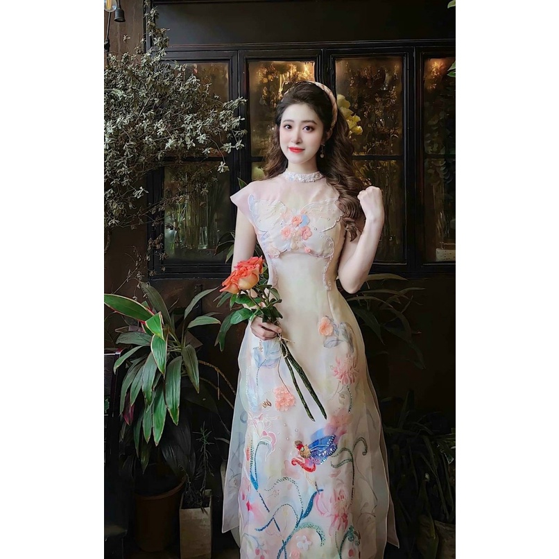 Áo dài cách tân điệp nhi hiện đại chất liệu tơ oganza họa tiết kết nổi hiện đại sang trọng NÉT VIỆT