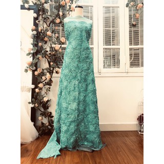 Ren hoa nổi màu xanh thiên thanh khổ 1,6*1,2m dùng may váy đầm thời trang, làm đò decor, trang trí