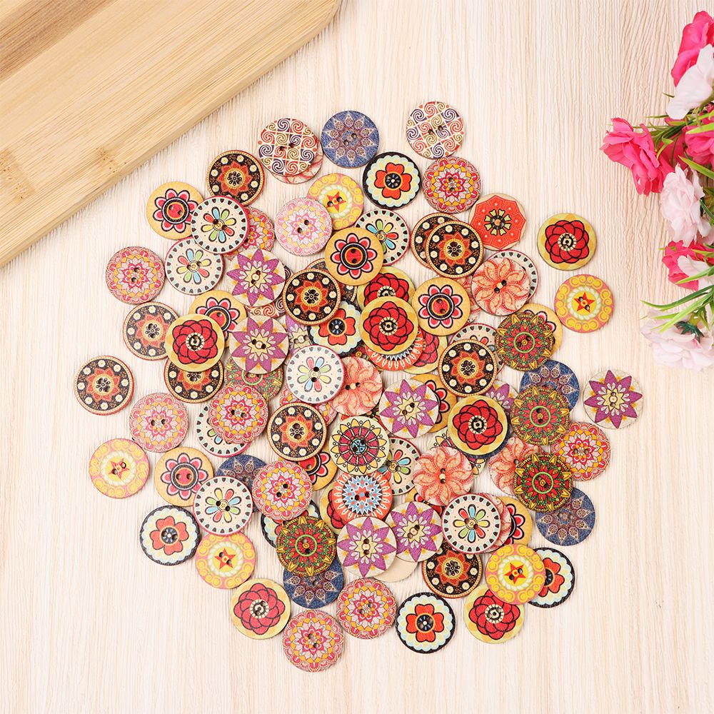 Nút Gỗ Hình Tròn 15mm/20mm/25mm In Họa Tiết Hoa Phong Cách Retro Dùng Làm Đồ Thủ Công DIY