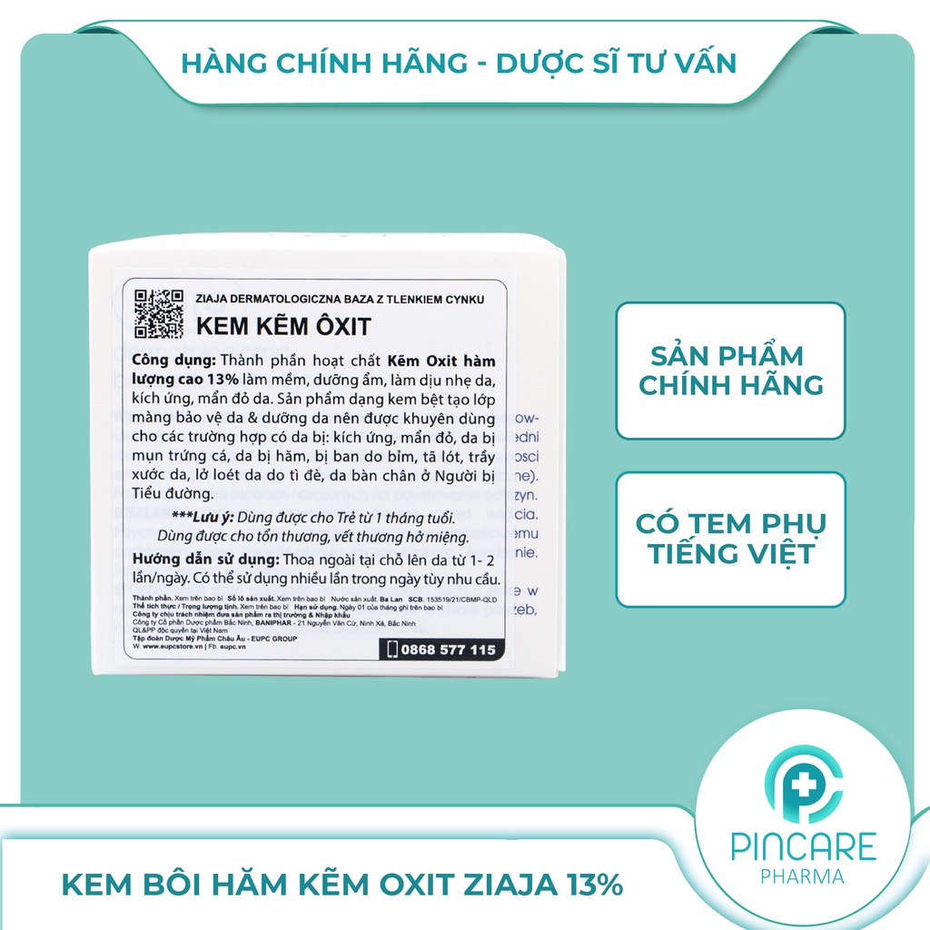 Kem kẽm oxit Ziaja 13% - Ziaja Dermatological Base with Zinc Oxide 80g - Hàng chính hãng - Nhà Thuốc PinCare