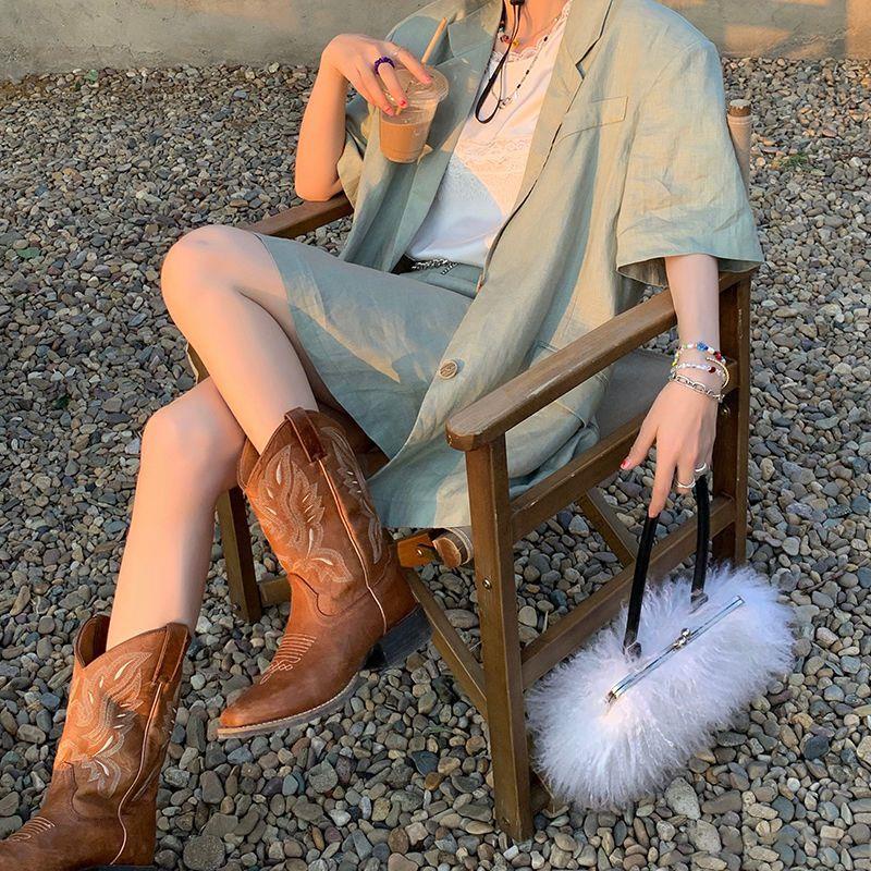 He Sui Giày Bốt Cao Bồi Gót Dày Thêu Họa Tiết Cổ Điển Phương Tây